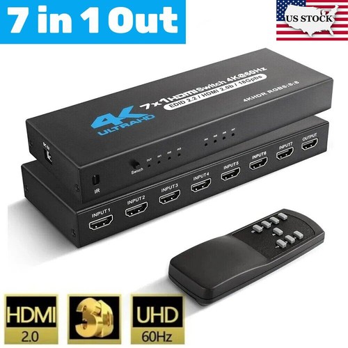 HDMI Switch 4K@60Hz 7x1 HDMI 2.0 Switcher Audio Video Converter 7 In 1 Out US