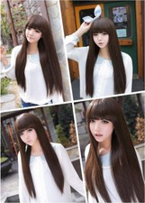 Dark Brown Long Straight Neat Bangs Women Lady Cosplay Party Hair Wig Wigs  Cap