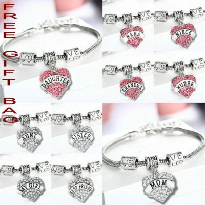 Fashion Family Bangle Charm Bracelet Love Words Heart Women Crystal Jewellery UK