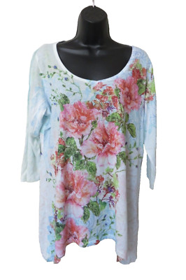 Morning Sun Embellished 3/4 Sleeve High Low Top Blue & Pink Florwers L or XL