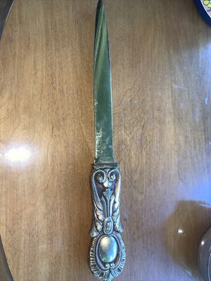 Vtg Ornate Heavy Brass Letter Opener Shield  Laurel