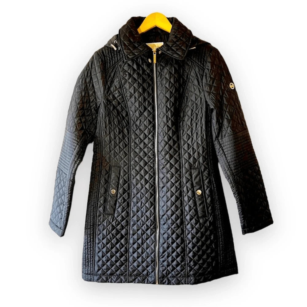MICHAEL Michael Kors Quilted Black Car Coat Hooded Women s Size Medium M Winter