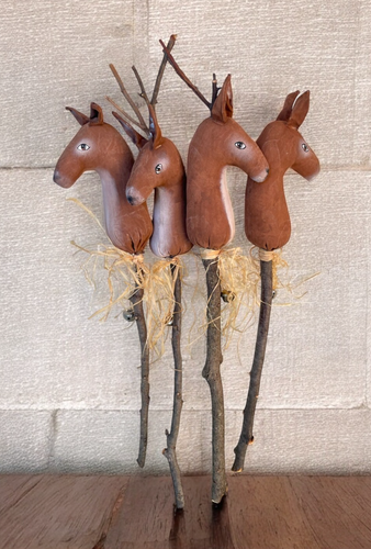 Primitive Folk Art Christmas Bag of Reindeer on sticks bells hanging decor - Picture 3 of 8