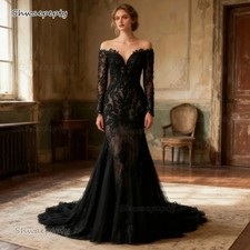 Gothic Black Lace Mermaid Wedding Dress Off-Shoulder Long Sleeves Appliques