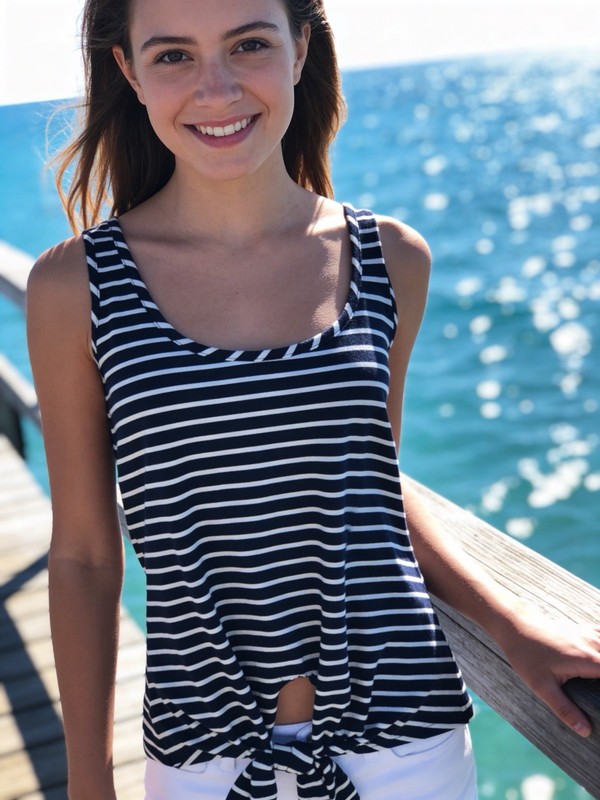 NWT MAISON JULES Womens Navy Blue White Striped Sleeveless Scoop Neck Tie Top L