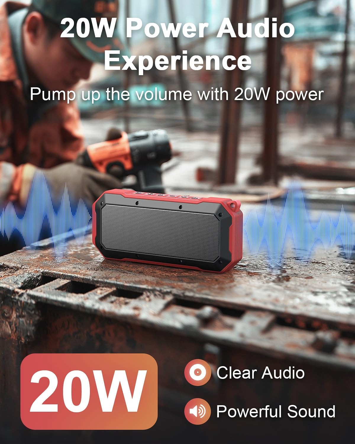 Bluetooth Jobsite Speaker with Magnet and Hook, 30H Working Time IPX6 Waterproof