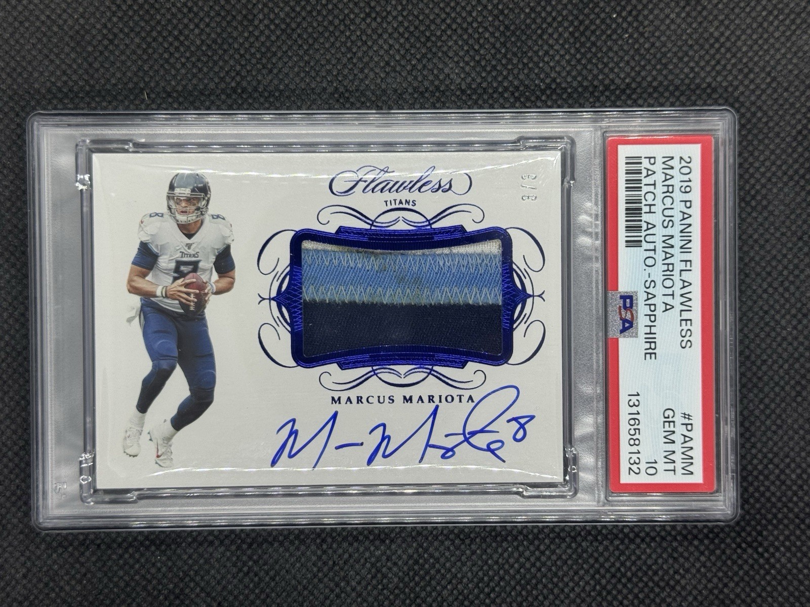 Jerry Rice San Francisco 49ers 2019 Flawless Marcus Mariota Game Worn Auto /3 PSA 10 Dirty Patch Logo 