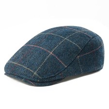 Men Wool Blend Flat Cap Tweed Newsboy Ivy Hat One Size Plaid Blue