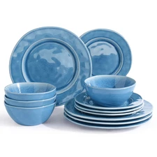 Aurora 12 Piece Dinnerware Set, Stoneware Plates and Bowls Set, Service for 4, L