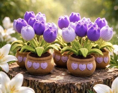 Crochet Tulip Flowers Pot.  Handmade Finished Flowers Pot.  Home & Office Decor.