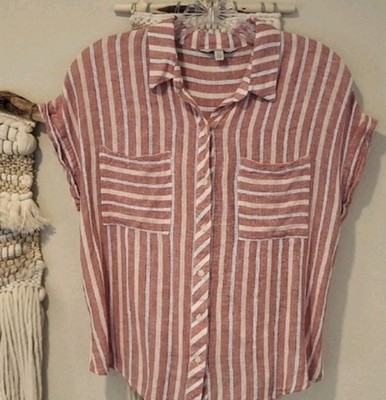 Lucky Brand Striped Button Front Cap Sleeve Linen Blend Open Back Top, Small