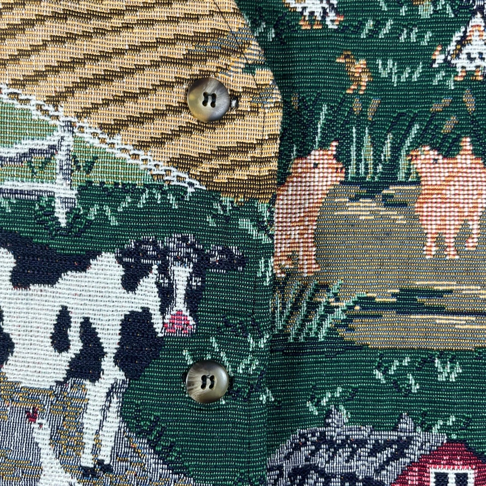 Colete de tapeçaria esportivo vintage VRG feminino grande cena de fazenda celeiro animais vacas artístico - Imagem 3 de 4