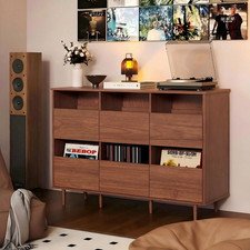 2-Tier Large Record Player Stand Media Console with Semi-Enclosed Vinyl Storage