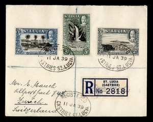 DR WHO 1939 ST LUCIA REGISTERED KGV CASTRIES TO SWITZERLAND R78575