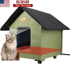 Heated Outdoor Cat House Winter Shelter W/ Safe Heating Pad  Dual Exits New