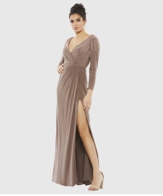 MAC DUGGAL Dress Size 4 Beaded Evening Gown Brown Faux Wrap Jersey Gown 55715
