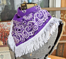 Vintage Fringe Bandana Made in USA 100 Cotton Purple and White RN15187
