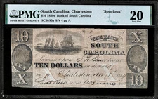 1850’s Charleston Bank Of South Carolina $10 Spurious Obsolete Banknote PMG VF20