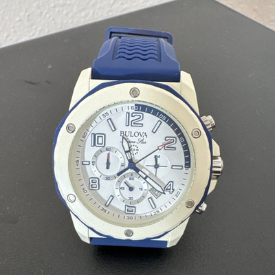 Bulova Marine Star Quartz Chronograph Watch White/Blue Dial Blue Rubber 43mm