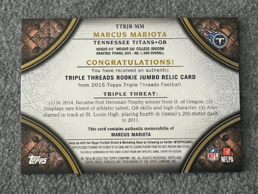 TENNESSEE TITANS 5-Card Patch or Auto Lot MARCUS MARIOTA, LENDALE WHITE, LEVIS - Image 4 of 4