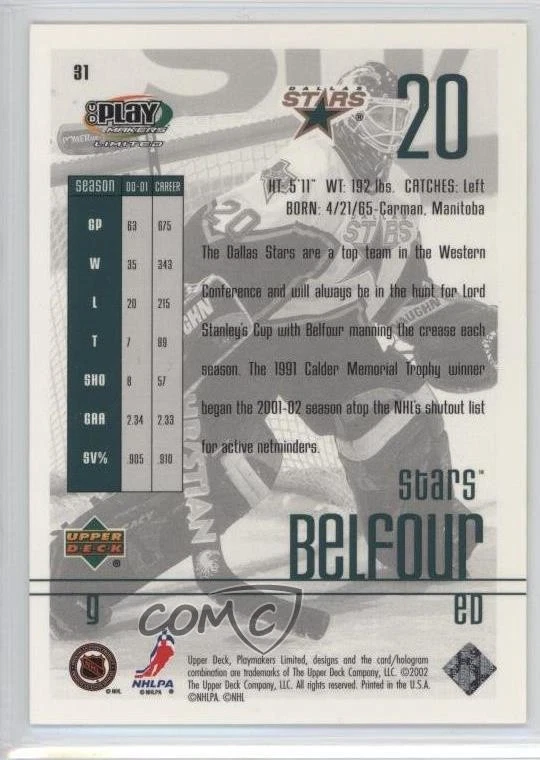 2001-02 Upper Deck Play Makers Limited Ed Belfour #31 HOF - Image 2 of 2