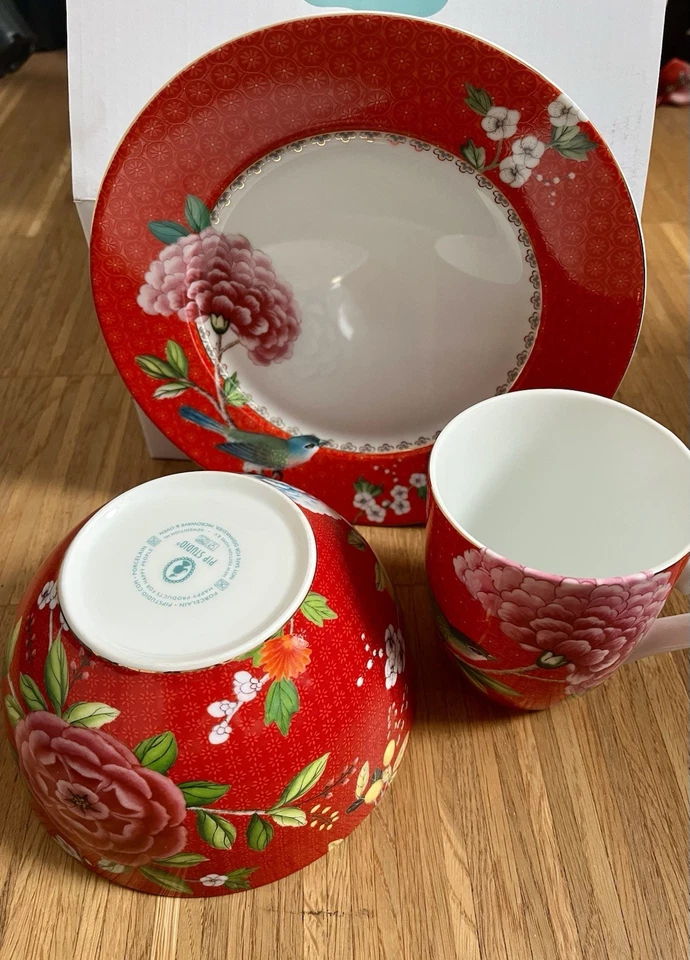 NEU 3-teilig Pip Studio Frühstücksset Teller Tasse Schale Blushing Birds Red Rot