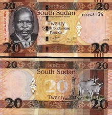 SUDAN SOUTH 20 SUDANESE POUNDS 2015 UNC AB,ORYX ANTELOPES AND OIL DERRICK,PORTRA