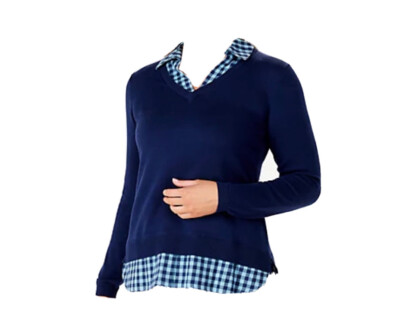 Joan Rivers Women's Sweater V-Neck Check Flannel Peacoat Blue A548741 X-small XS