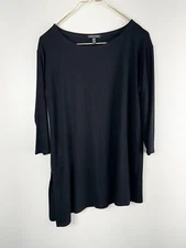 Eileen Fisher Black Sz M Asymmetric Hem Tunic Top Jersey Knit Bateau Neck S18VF 