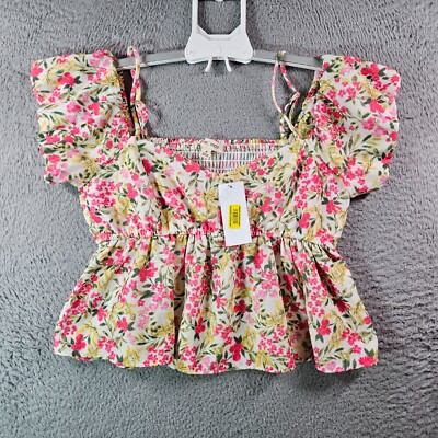 NWT Moa Moa Medium Summer Cropped Off-Shoulder Top Women Floral Pink Green Tone