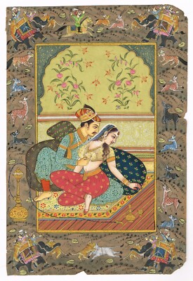 Indian Miniature Painting Of King Akbar With Queen In Love Scene 5.5x8 Inches