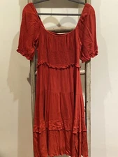 Grade and Gather Red Dress Women NEW Medium MIDI Short Sleeve Square Neck Flares