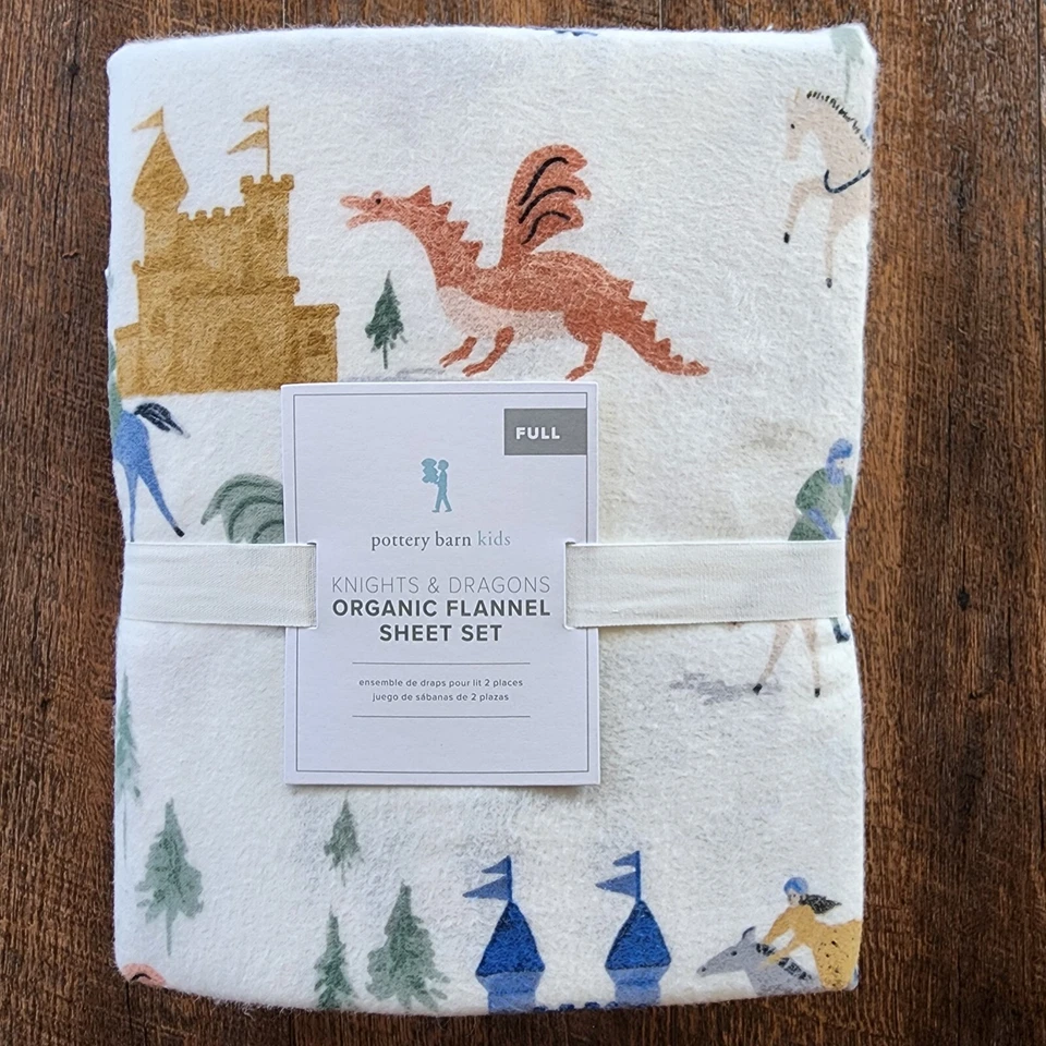 Nuevo Juego de Sábanas Completas Orgánicas Pottery Barn Kids Caballeros y Dragones, Franela Foto 4 de 4