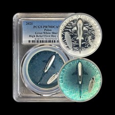 PALAU. 2021, 5 Dollars, Silver - PCGS PR70 - Top Pop 🥇 Great White Shark RARE