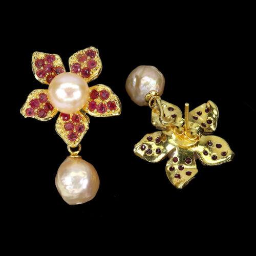 Summer 925 Silver Earrings Round Ruby Pearl Natural Gemstone Jewelry - Picture 3 of 13