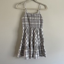 Forever 21 Girls 13/14 Cream Plaid Ruched Top Fit & Flare Adj Strap Sundress NWT