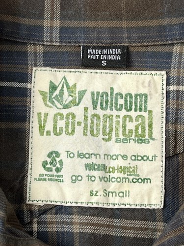 Size S Brown Plaid Shirt Long Sleeve Volcom 100% Organic Cotton Mens Button Up - Picture 7 of 12