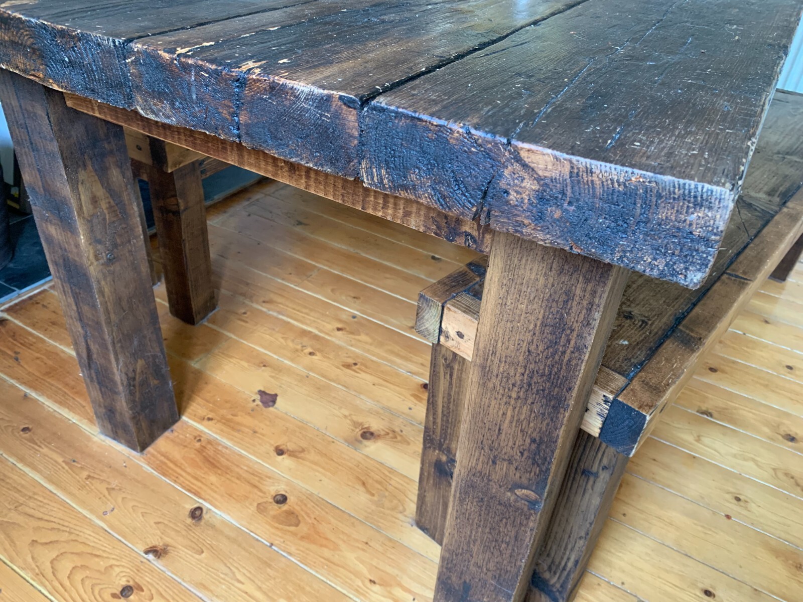 Large Rustic Dark Wooden Dining Table and Bench Set eBay
