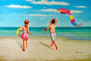 Beach-Children-Boy-amp-Girl-Playing-Kite-Flying-Shore-24X36-Oil-Painting-STRETCHED