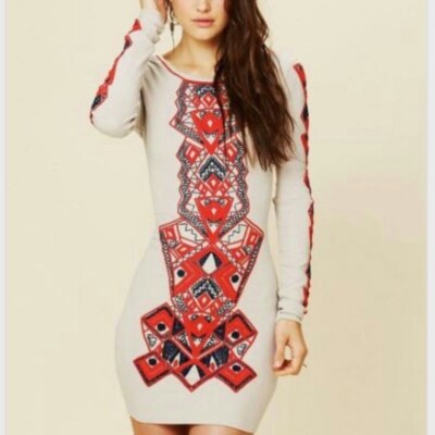 Free People Aztec Princess M Bodyon Dress long Sleeve Tribal | eBay