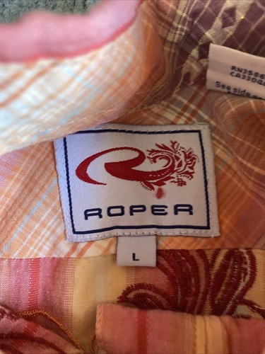 Roper Shirt Mens Large Pearl Snap Orange Striped Embroidered Western Ranch Rodeo - Picture 8 of 13