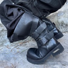 Big Round Toe Motorcycle Boots Mens Platform Midsole Knight Casual Leather Boots