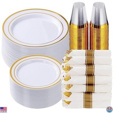 350 Pcs Gold Plastic Dinnerware Set for 50 Guests, Fancy Disposable Plates