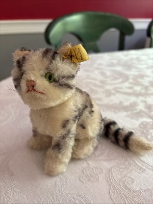 Steiff Cat Susie, Vintage, Mohair, Silver Button, Yellow Fl, 14 cm, Pristine!