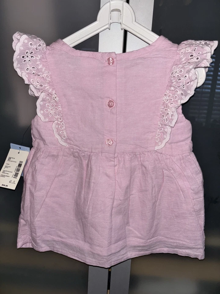 NUEVO CON ETIQUETAS Gymboree 3T Rosa Volantes Manga Corta Lino Top Blusa Camisa Blanco Ojales Foto 4 de 4