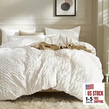 Duvet Cover Queen Size, 3pcs Washed Microfiber Bedding Queen 90" 90" White