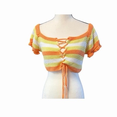 NWT PRINCESS POLLY Honeydew Crochet Crop Babydoll Top Sz L/XL Orange Yellow Y2K