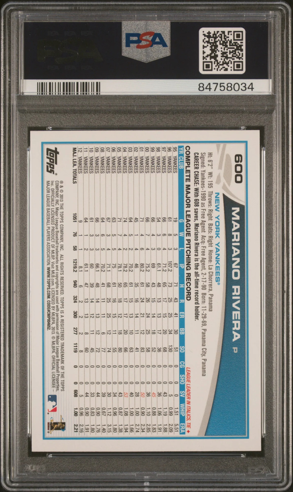 2013 Topps Mariano Rivera #600 Emerald PSA 10 view 2