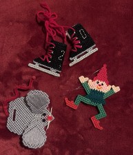 3 Vtg 3D Plastic Canvas Needlepoint Christmas Ornaments Elf, Ice Skates, Mouse