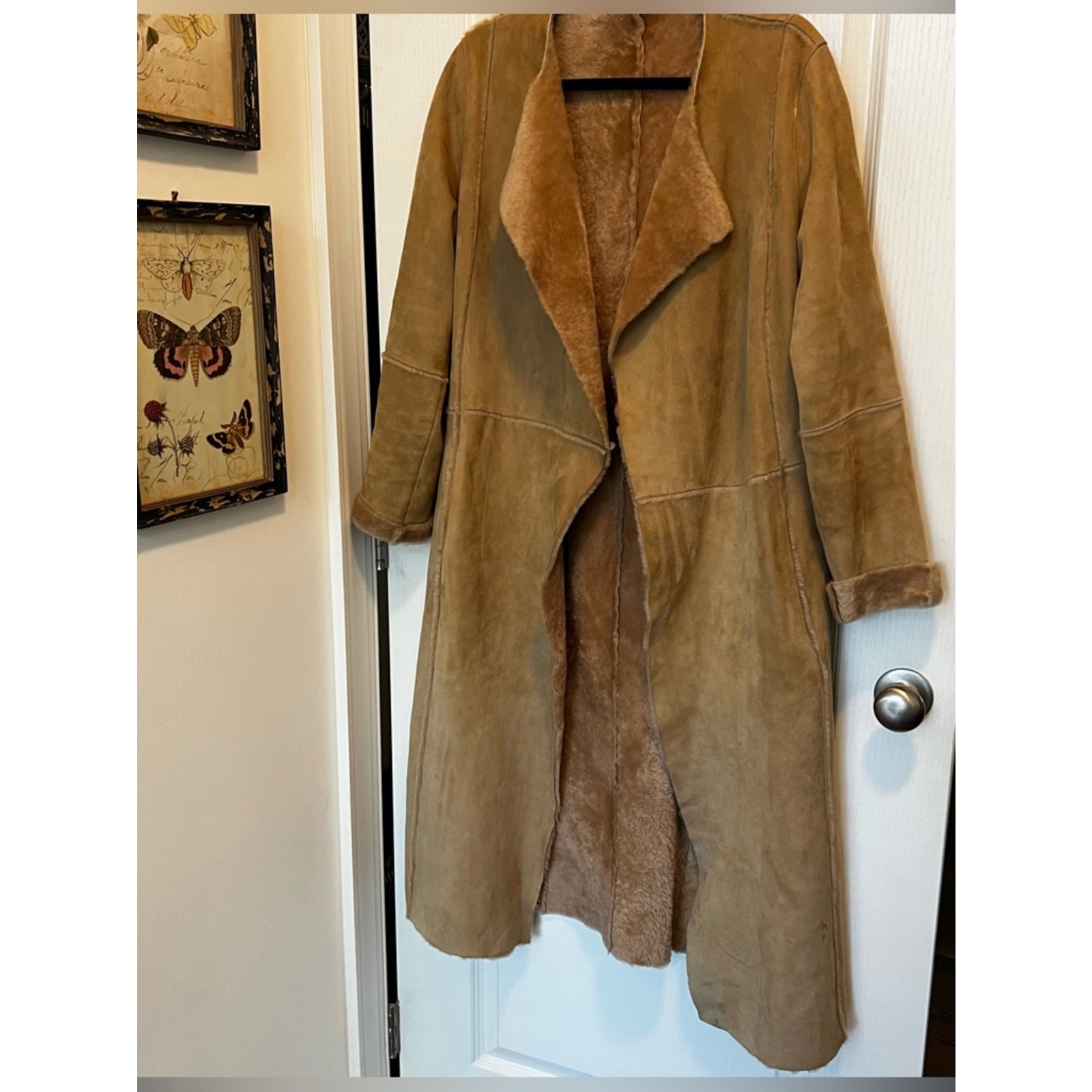 Vintage Tan genuine suede shearling duster long jacket size medium Coat Camel image 2